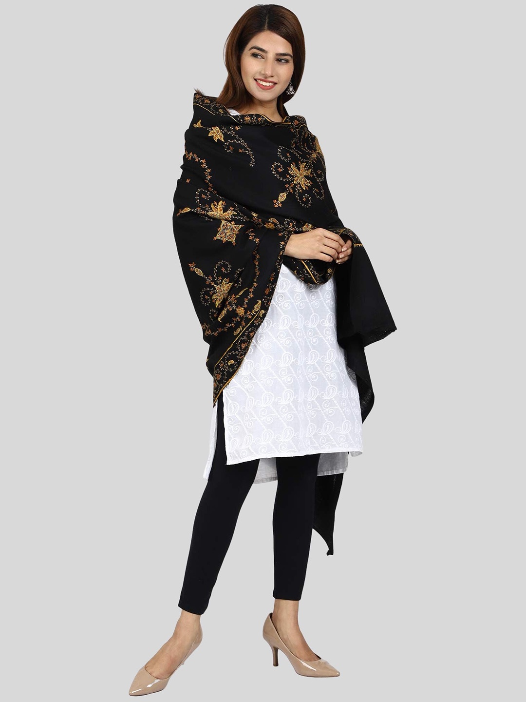 

SWI Stylish Floral Embroidered Pure Woollen Shawl, Black