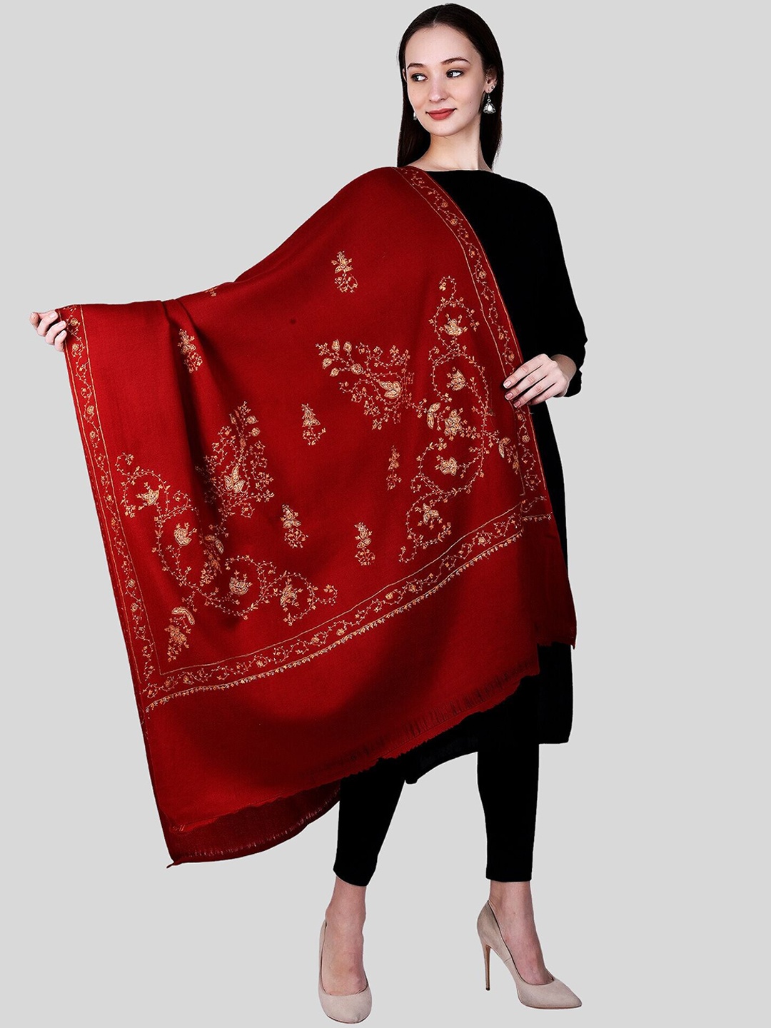 

SWI Stylish Floral Embroidered Pure Woolen Shawl, Maroon