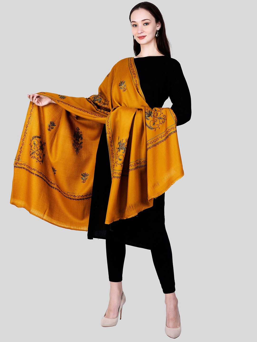 

SWI Stylish Ethnic Motifs Embroidered Woollen Shawl, Mustard