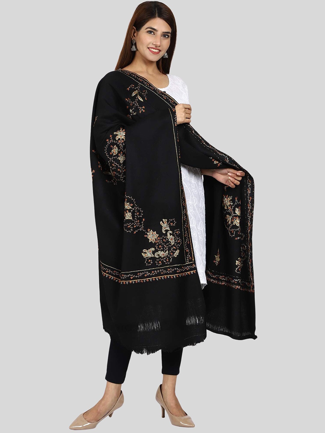 

SWI Stylish Floral Embroidered Pure Woollen Shawl, Black