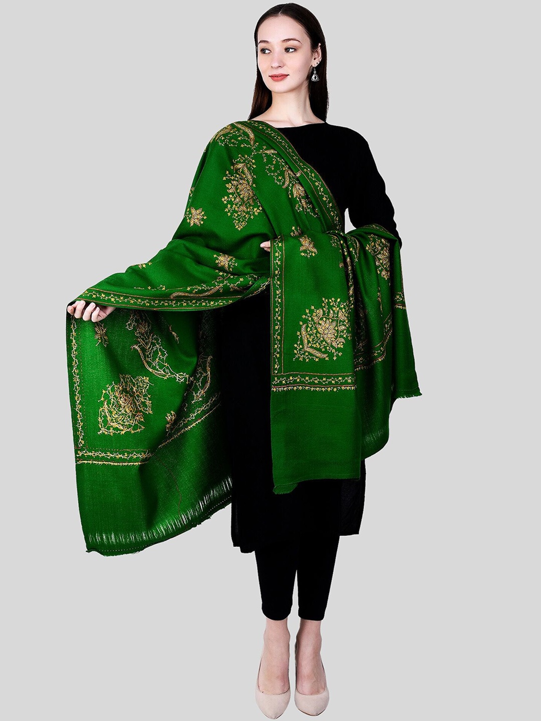 

SWI Stylish Ethnic Motifs Embroidered Pure Wool Shawl, Green