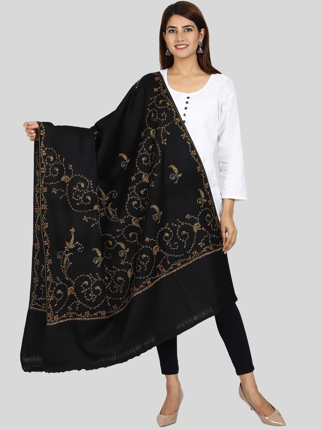 

SWI Stylish Ethnic Motif Embroidered Woollen Shawl, Black