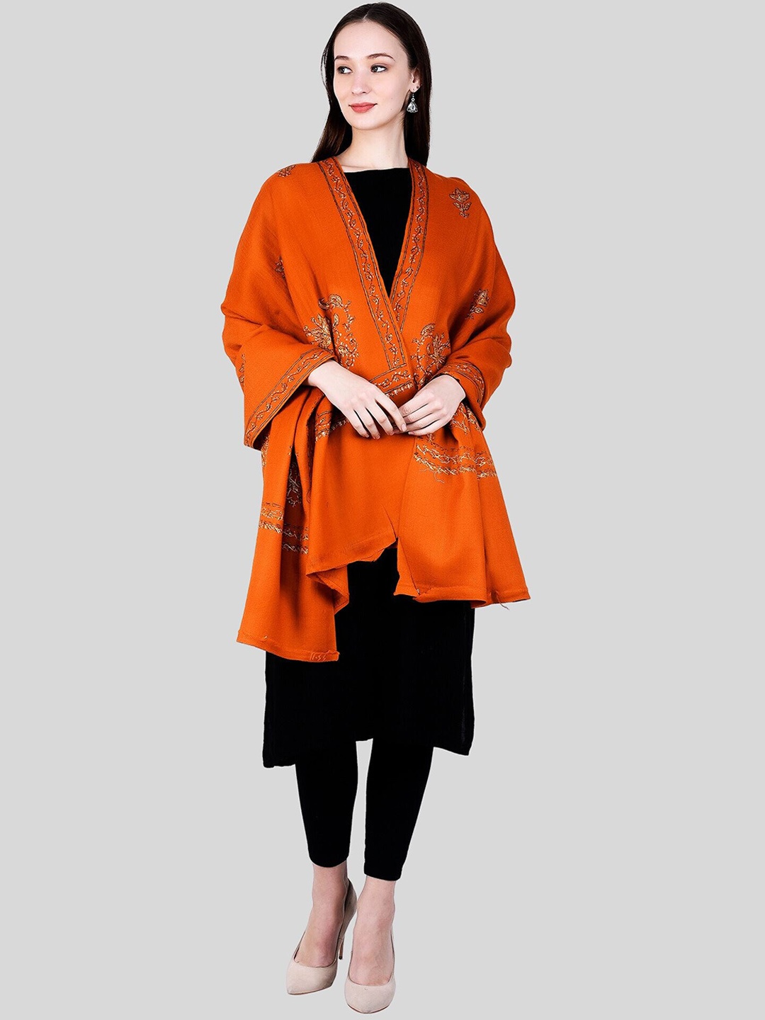 

SWI Stylish Ethnic Motifs Embroidered Wool Shawl, Rust