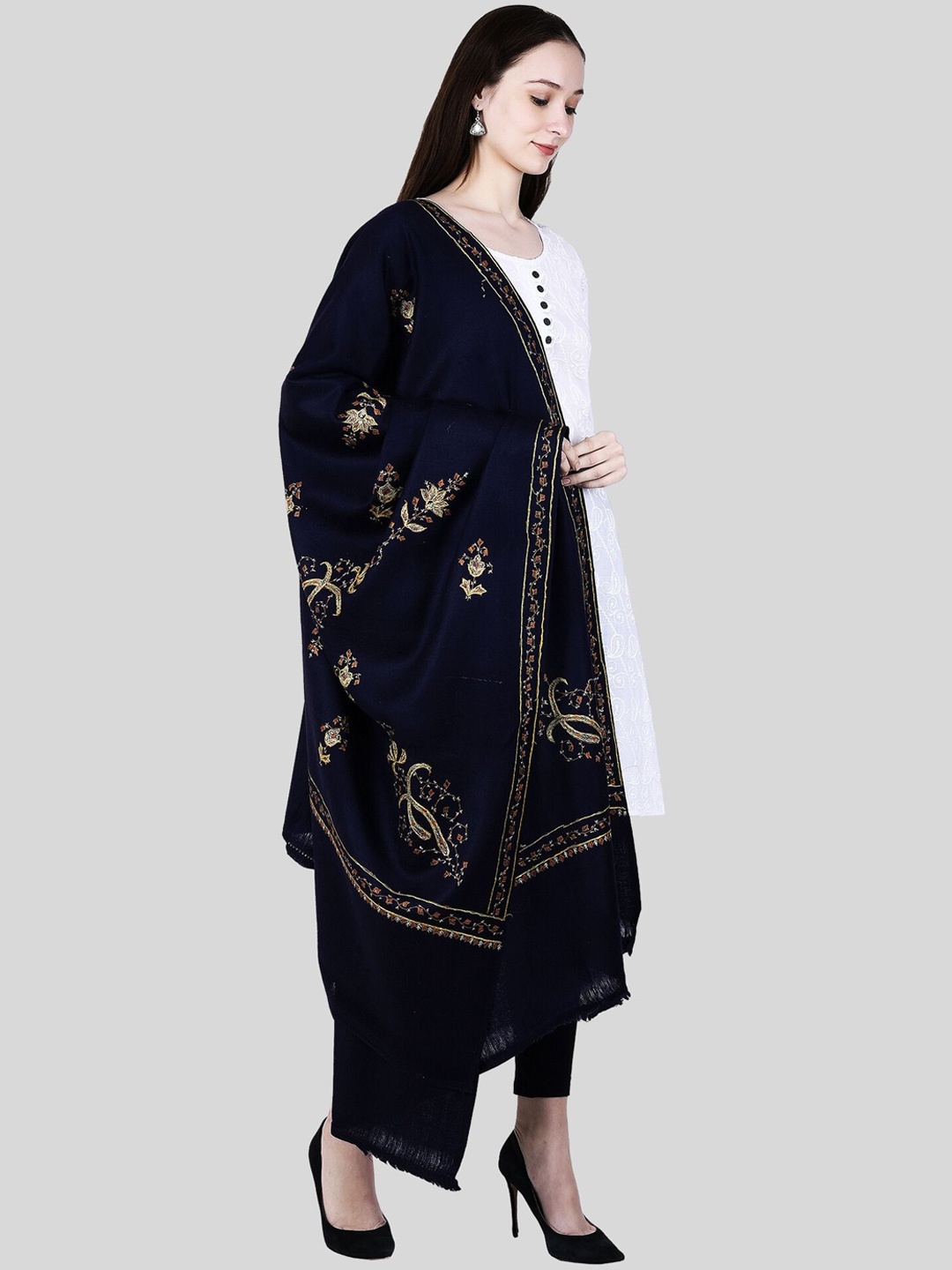 

SWI Stylish Hand Embroidered Design Woolen Shawl, Navy blue