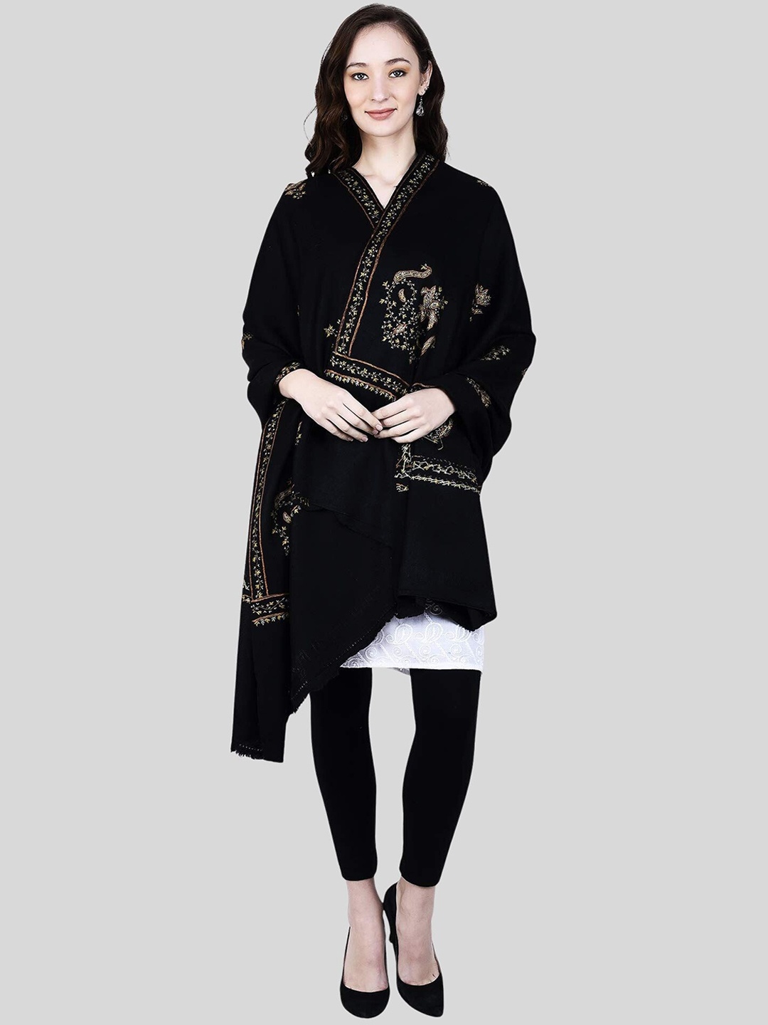 

SWI Stylish Paisel Embroidered Pure Wool Shawl, Black