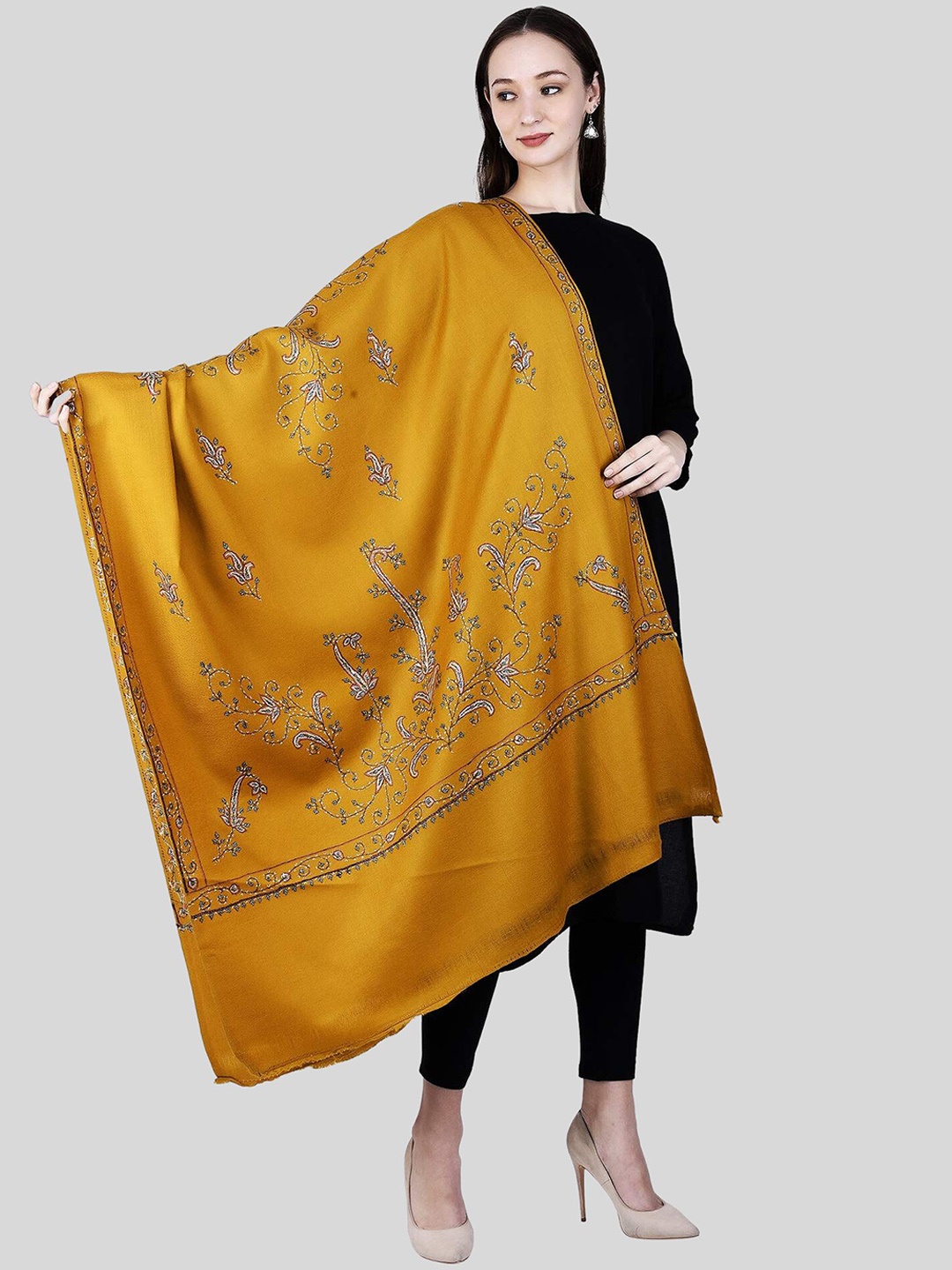 

SWI Stylish Floral Embroidered Wool Shawl, Mustard