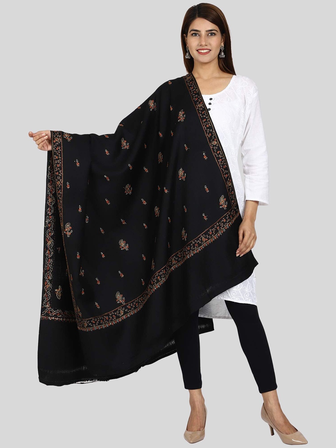 

SWI Stylish Floral Embroidered Pure Woollen Shawl, Black