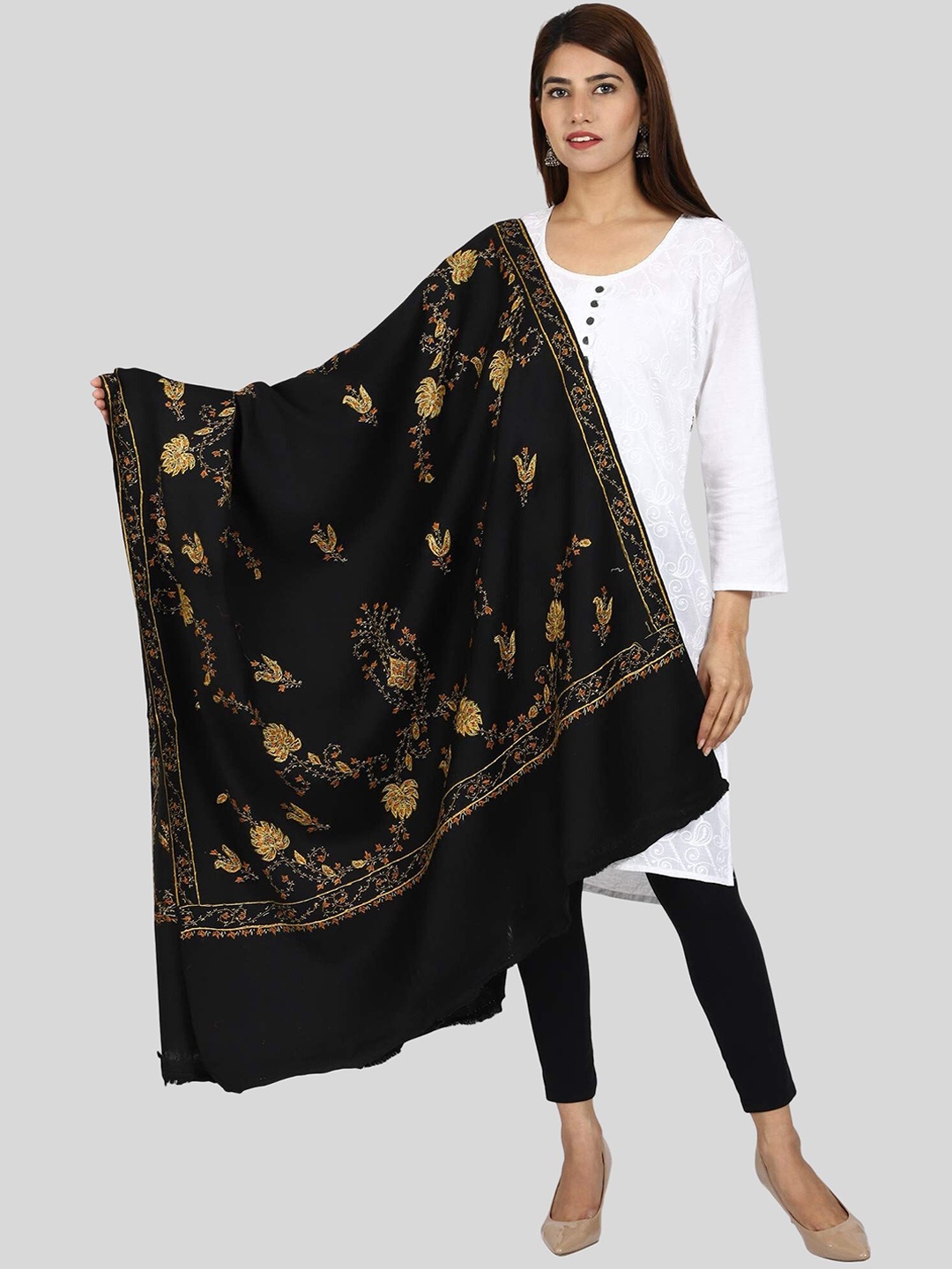 

SWI Stylish Ethnic Motifs Embroidered Pure Woolen Shawl, Black