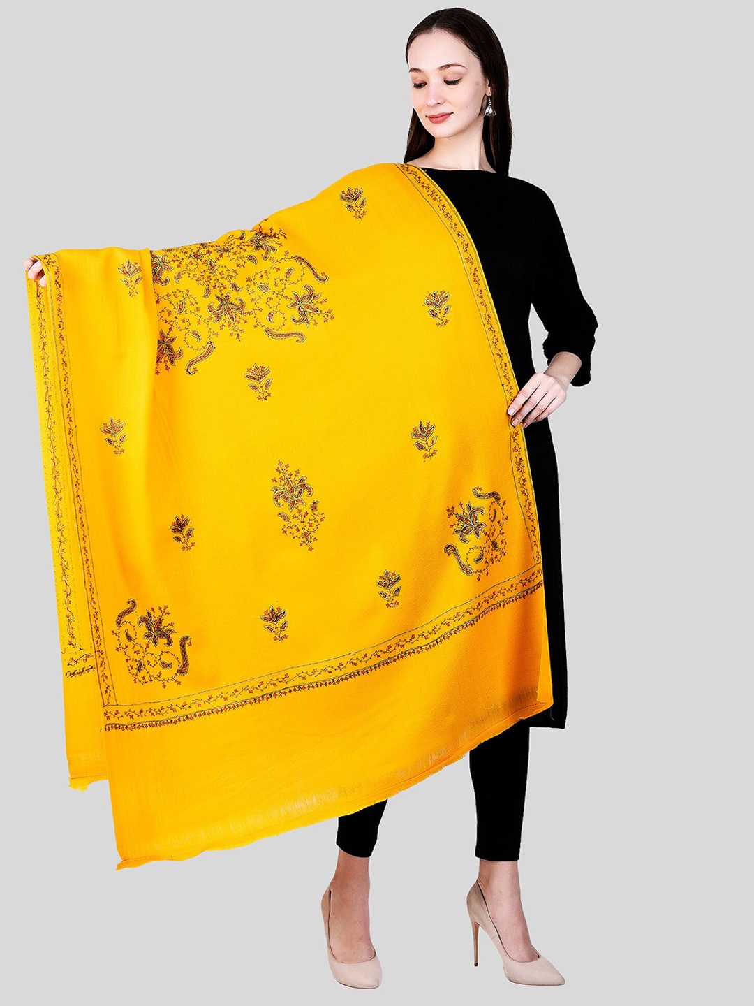 

SWI Stylish Ethnic Motifs Embroidered Pure Woolen Shawl, Yellow