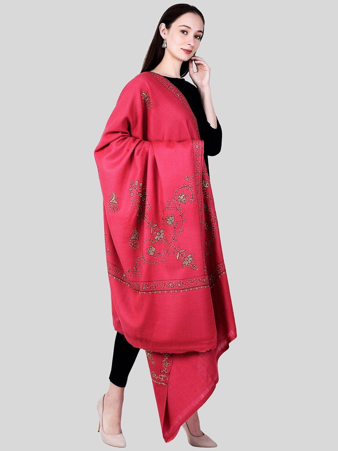 

SWI Stylish Floral Embroidered Woolen Shawl, Pink