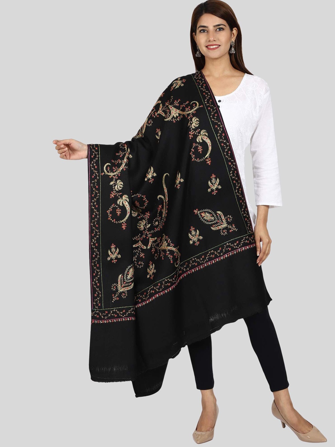 

SWI Stylish Women Embroidered Design Woolen Shawl, Black