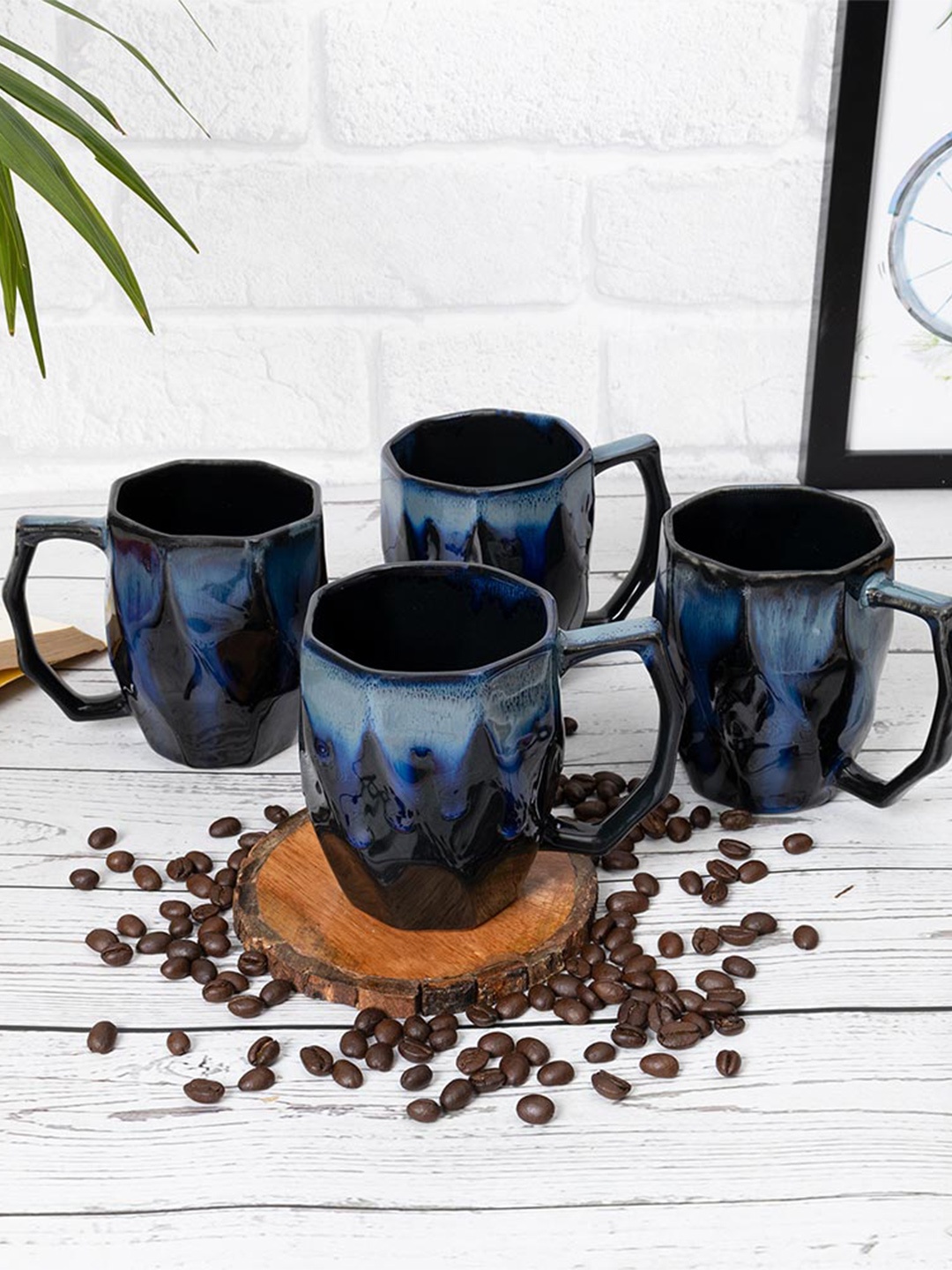 

Homesake Black & Blue 6 Pieces Textured Ceramic Glossy Mugs - 260 ml Each