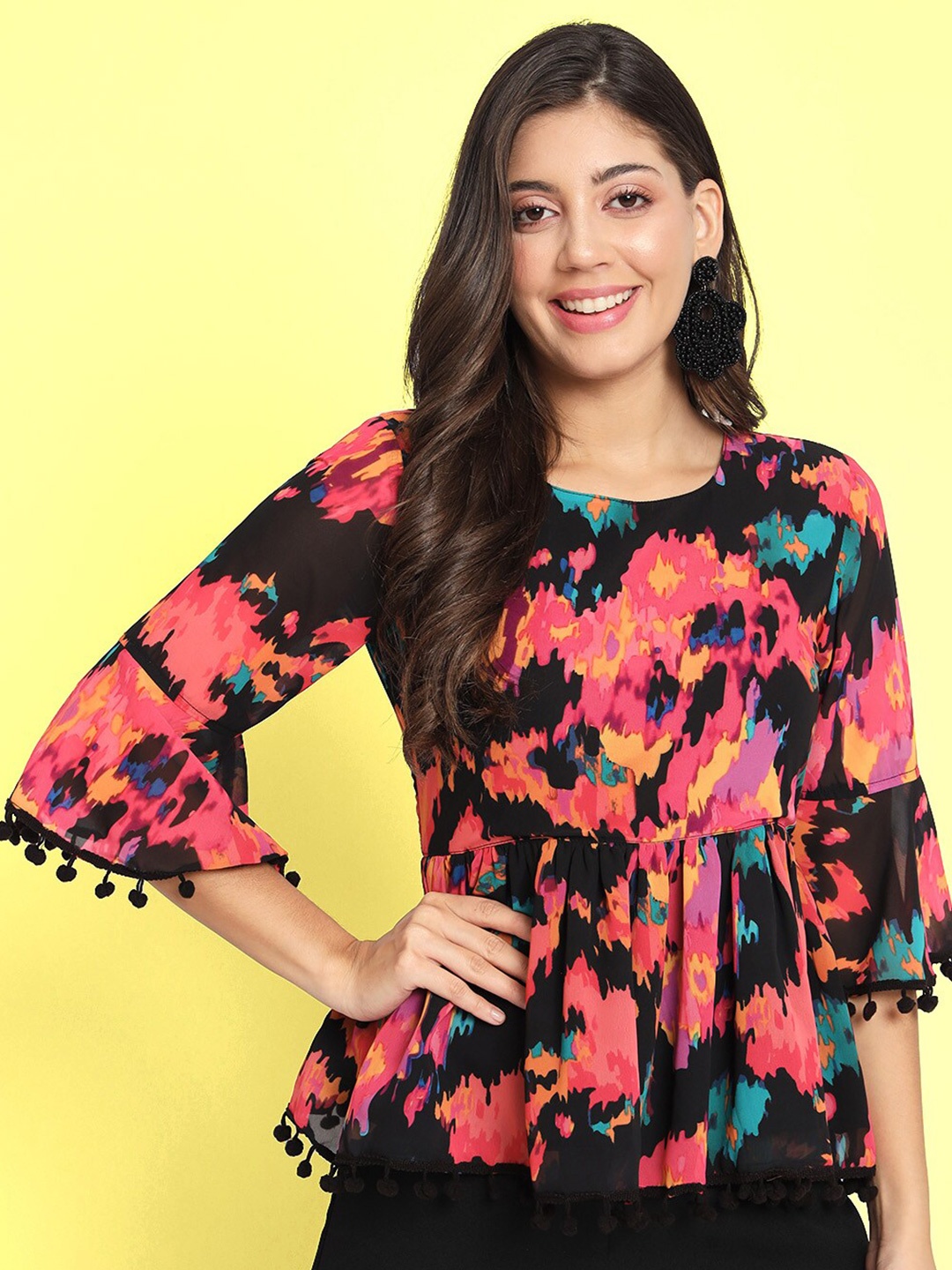 

CHARMGAL Abstract Printed Bell Sleeves Gathered Cinched Waist Top, Black