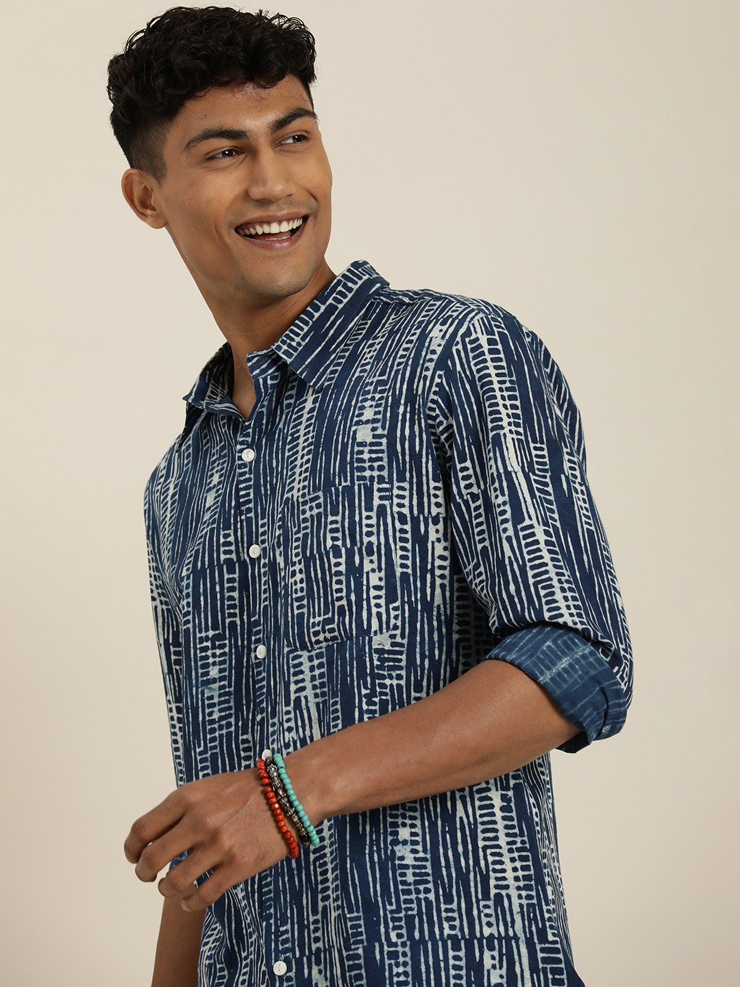 

Taavi Men Indigo Hand Block Printed shirt, Navy blue