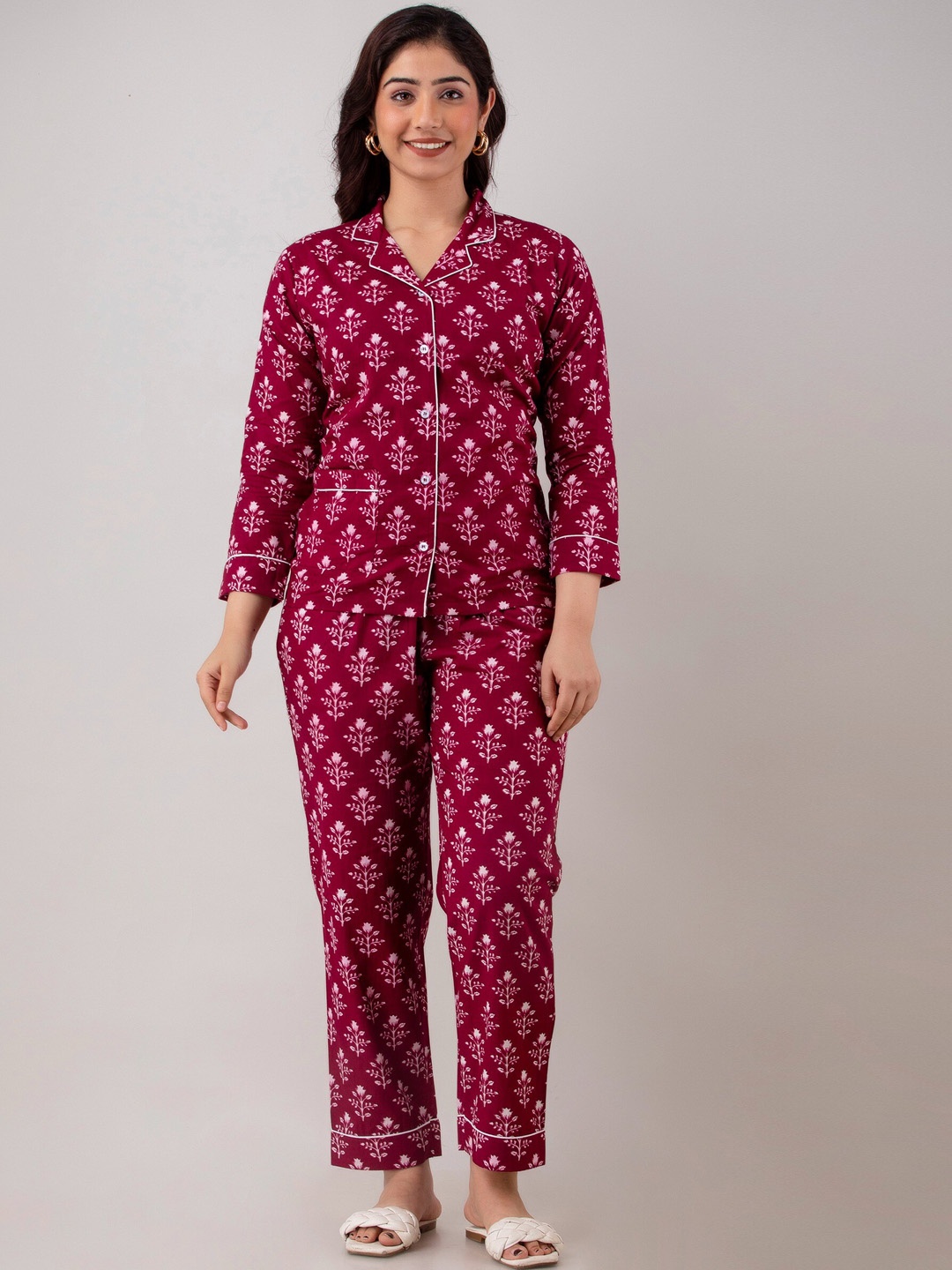 

CELEBRAVO Floral Printed Pure Cotton Shirt And Pyjamas Night Suits, Maroon