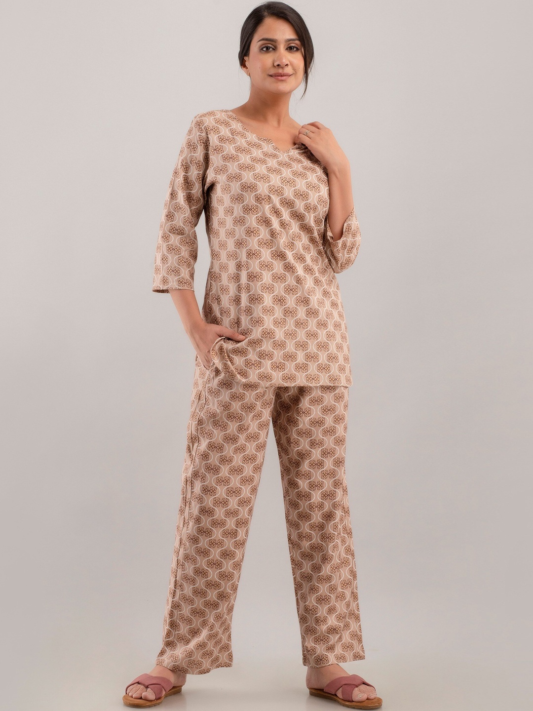 

CELEBRAVO Floral Printed Top And Pyjamas Night Suits, Beige