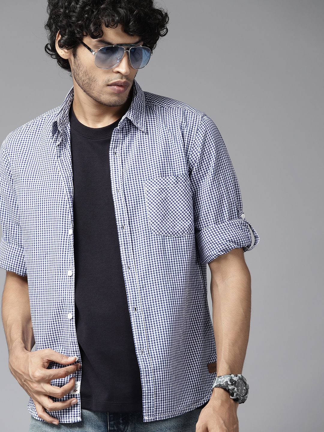 

Roadster Men Grid Tattersall Checked Casual Shirt, Navy blue