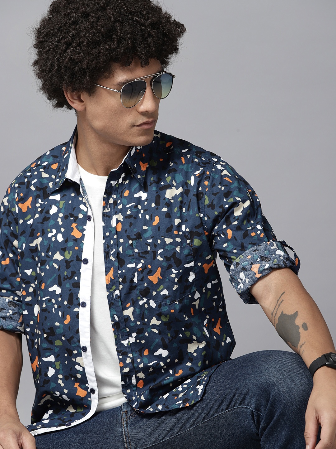 

Roadster Men Opaque Printed Casual Shirt, Navy blue