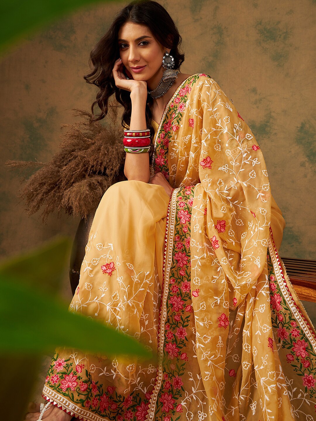 

Sangria Yellow & Pink Floral Embroidered Organza Saree