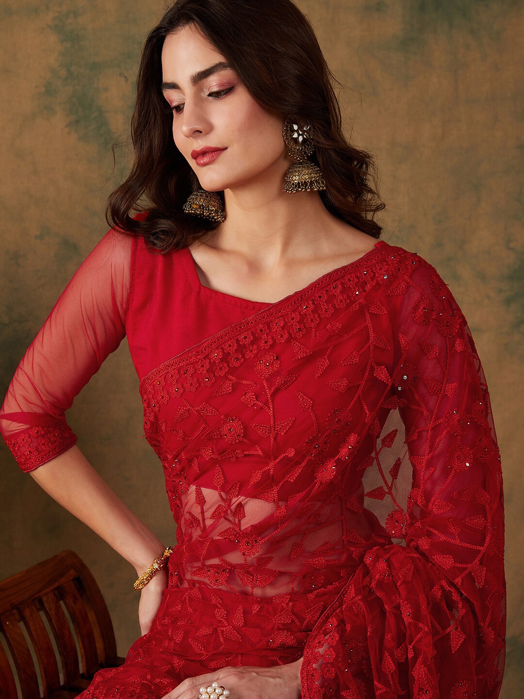 

Sangria Embroidered Net Sarees, Red