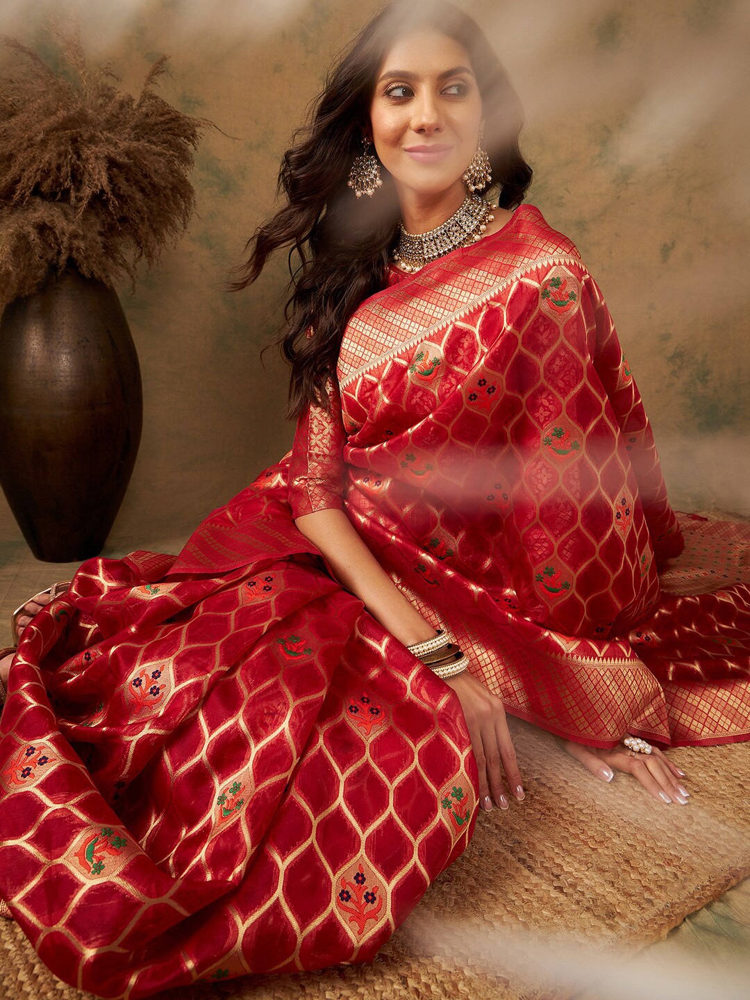 

Sangria Ethnic Motifs Woven Design Zari Organza Sarees, Red