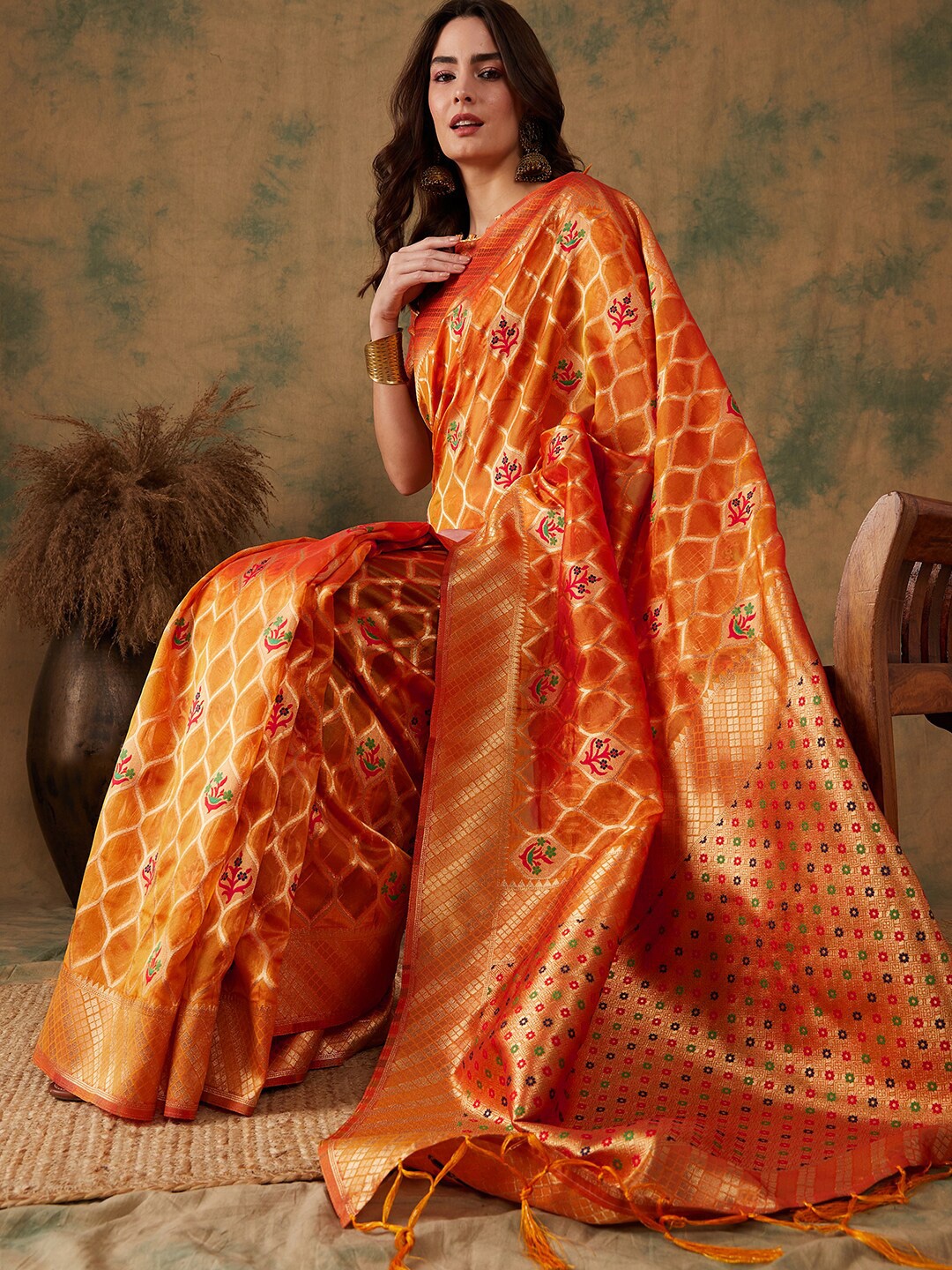 

Sangria Woven Design Zari Kanjeevaram Saree, Orange