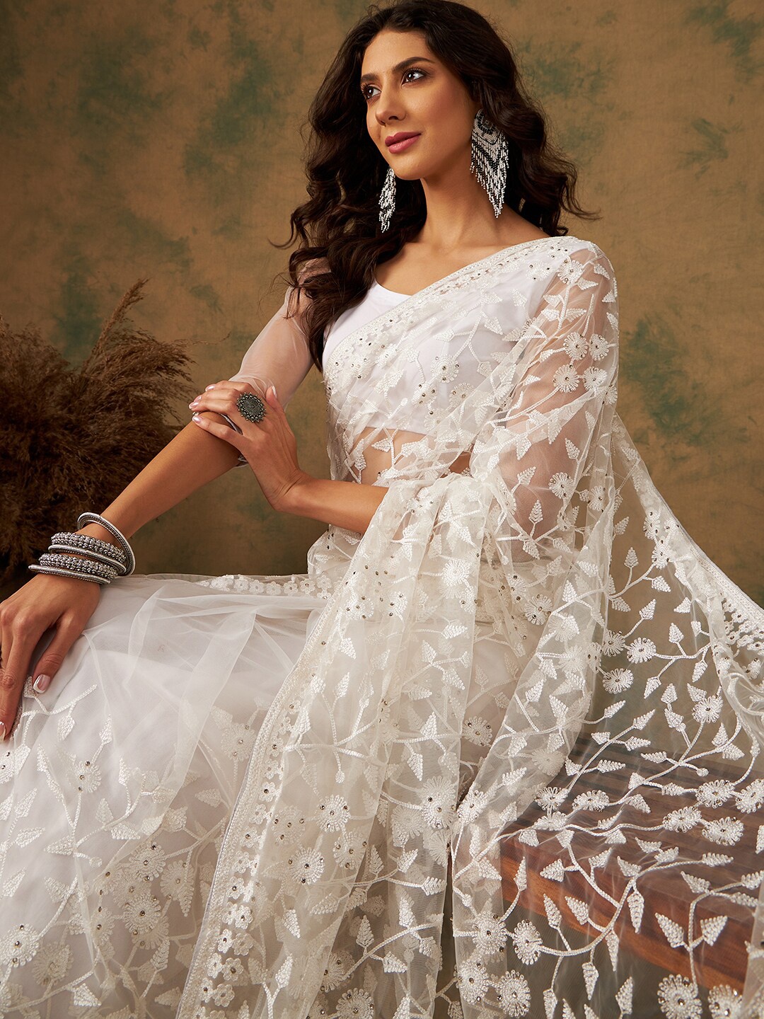 

Sangria Embroidered Net Sarees, White