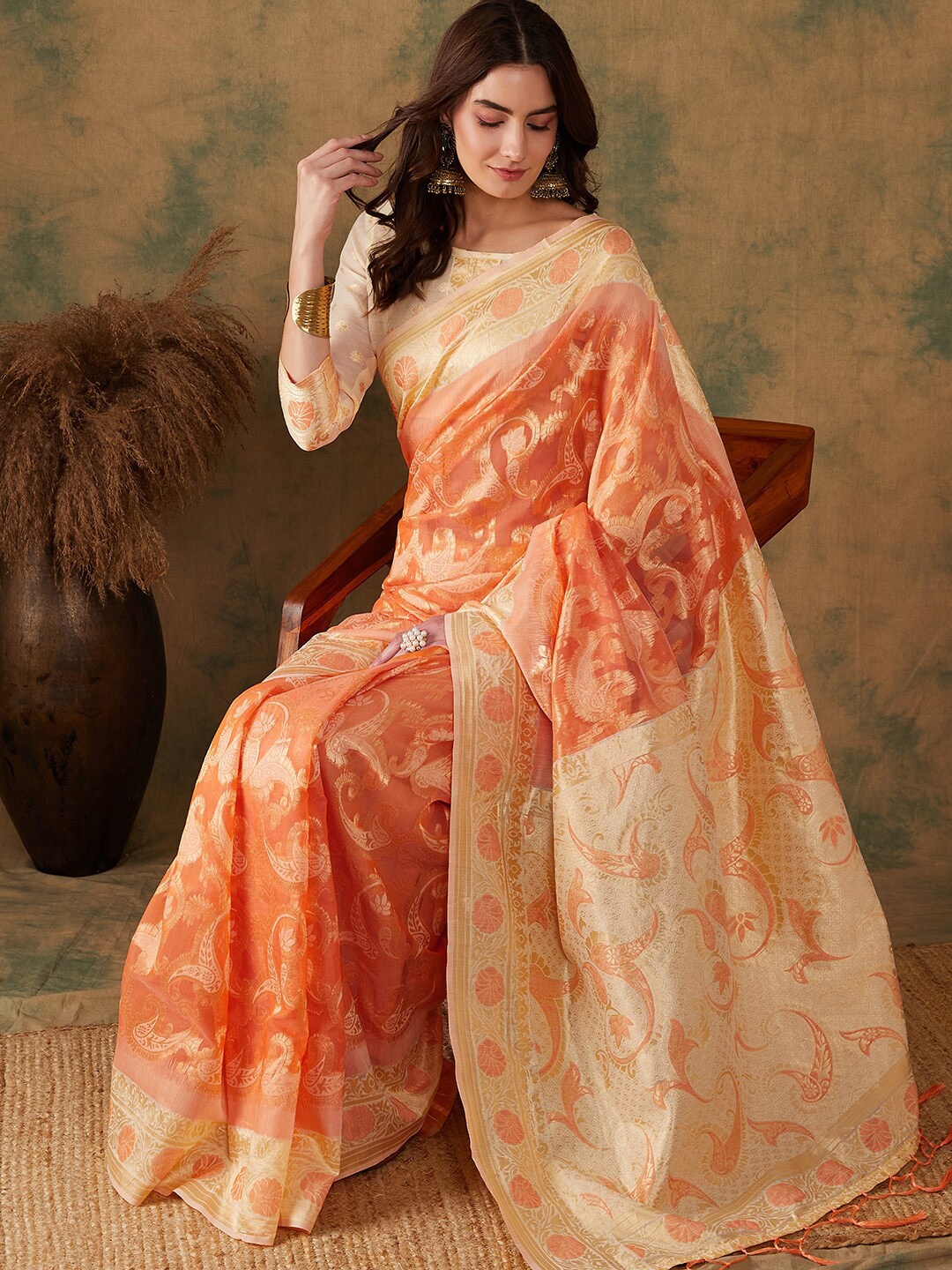 

Sangria Orange & Gold Toned Paisley Woven Design Zari Saree