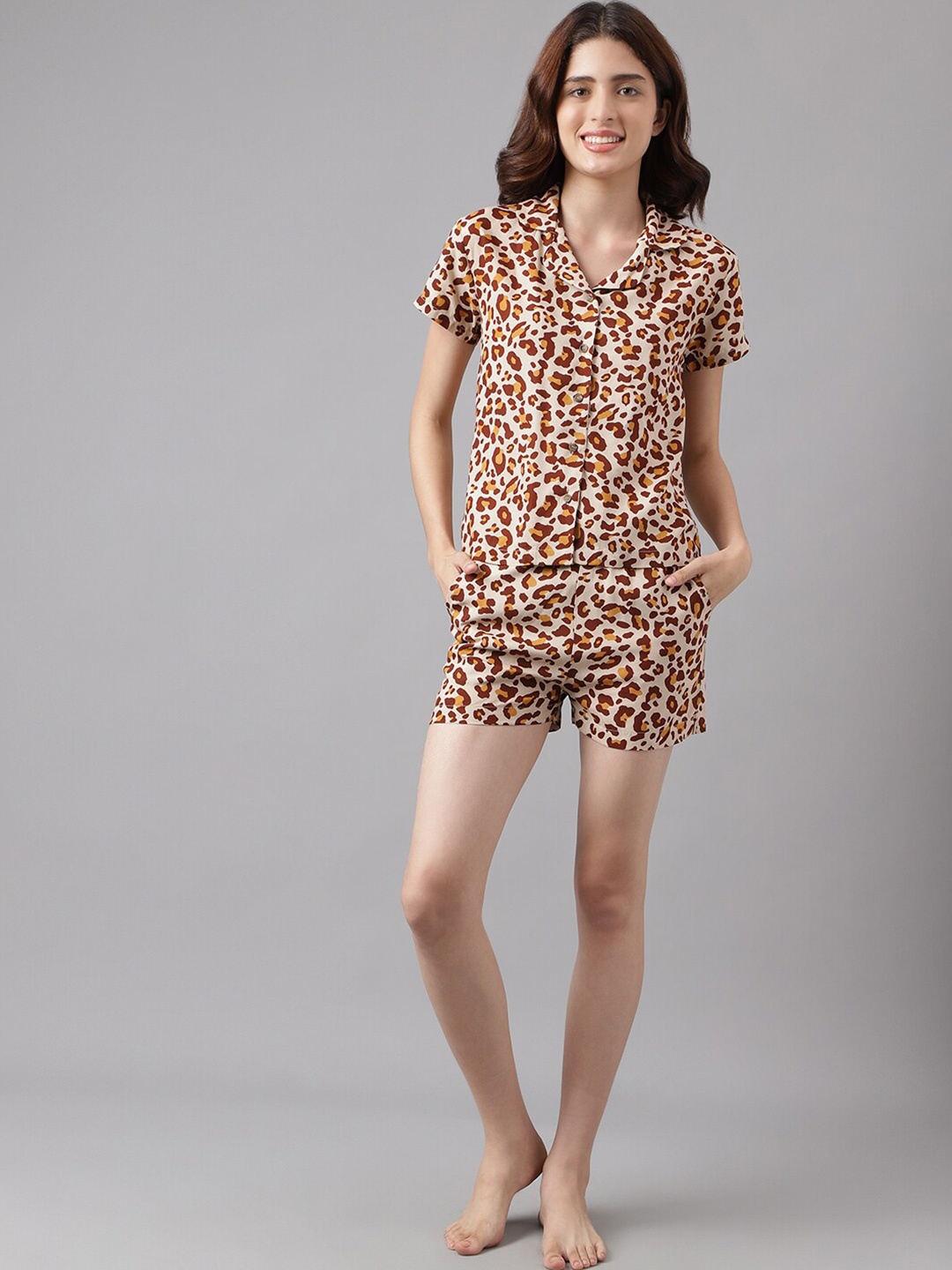 

I Love She Brown Animal Printed Shirt With Shorts