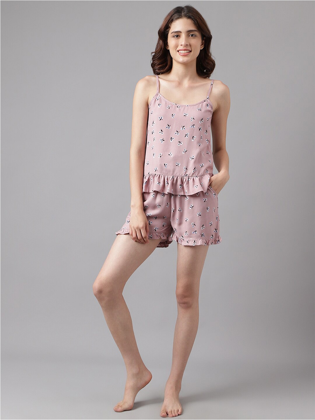

I Love She Floral Printed Shoulder Straps Top With Shorts, Purple