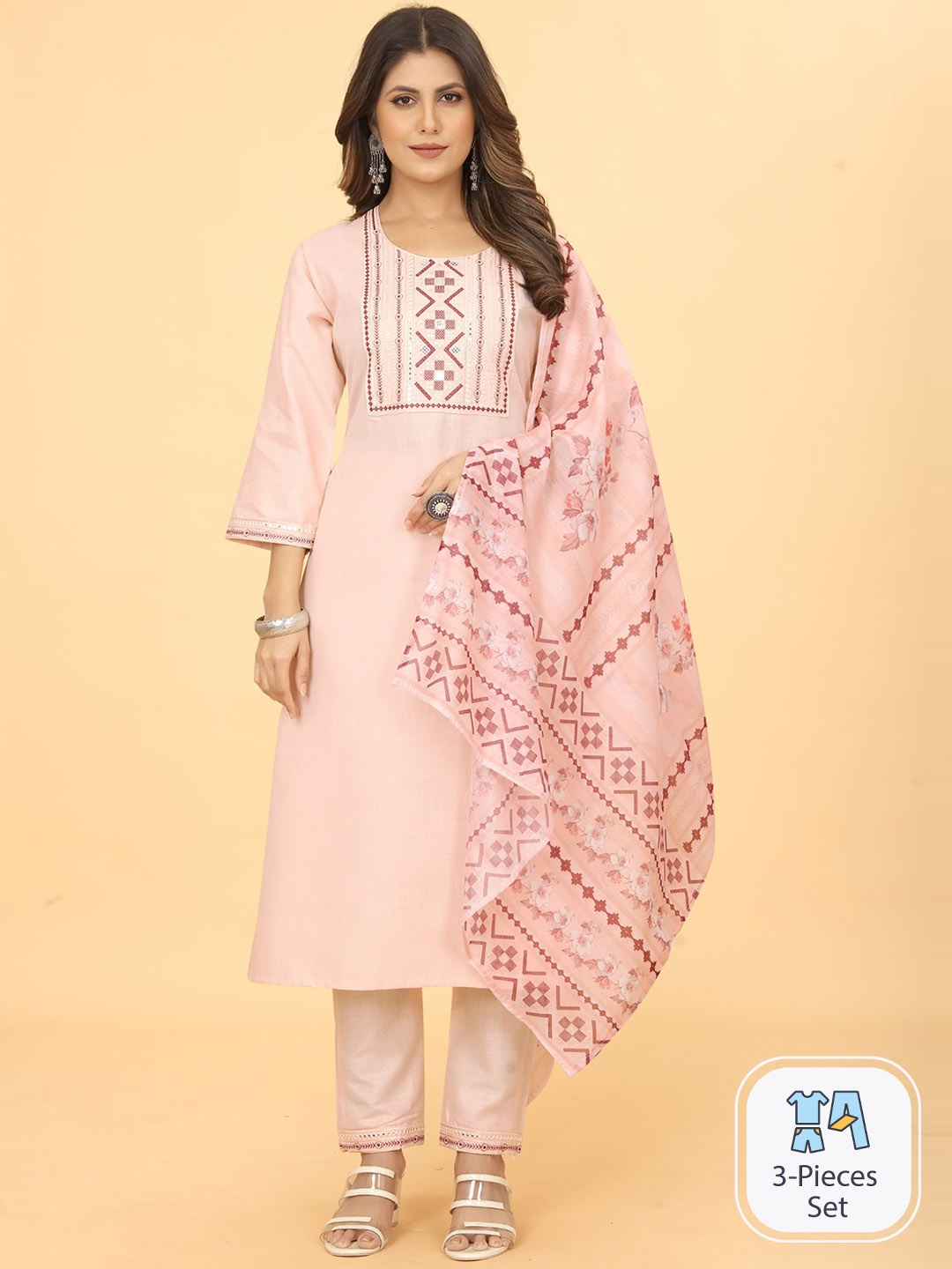 

KALINI Ethnic Motifs Embroidered Straight Kurta With Trousers & Dupatta, Peach