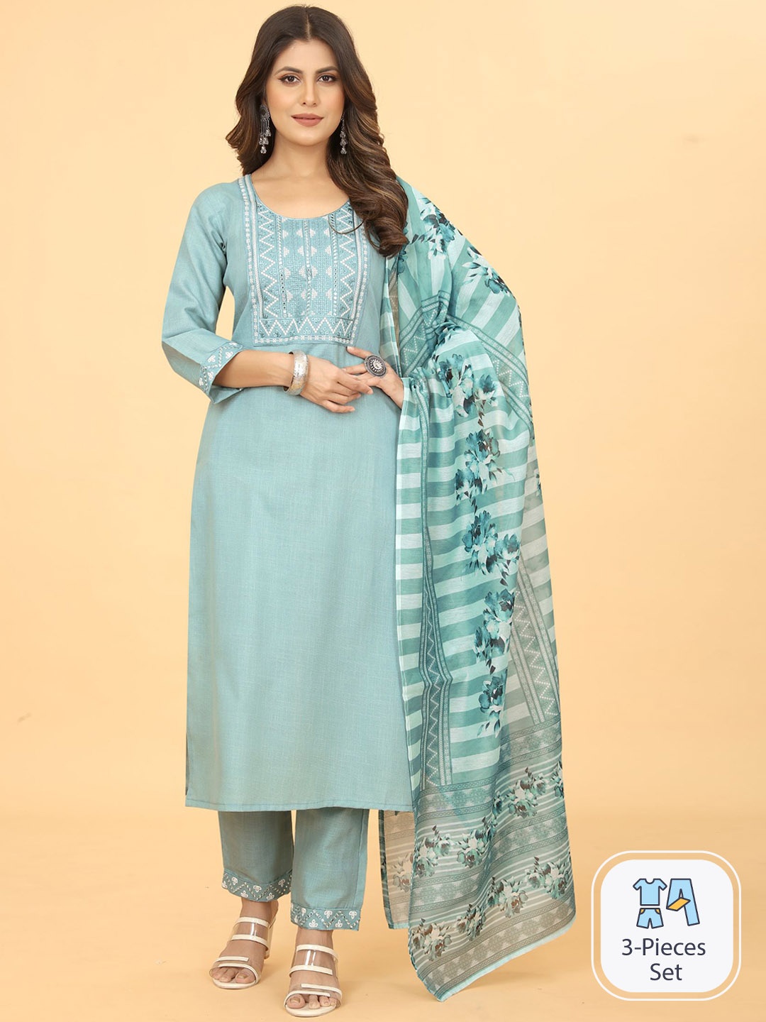 

KALINI Geometric Yoke Design Thread Work Kurta with Trousers & Dupatta, Turquoise blue