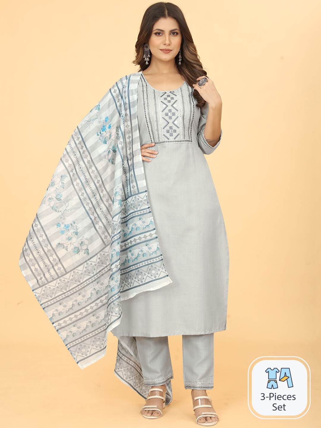 

KALINI Ethnic Motifs Embroidered Straight Kurta With Trousers & Dupatta, Grey