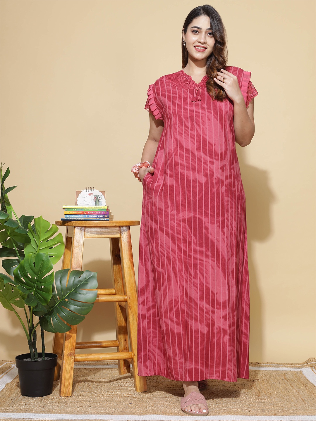 

9shines Label Striped Maxi Nightdress, Maroon