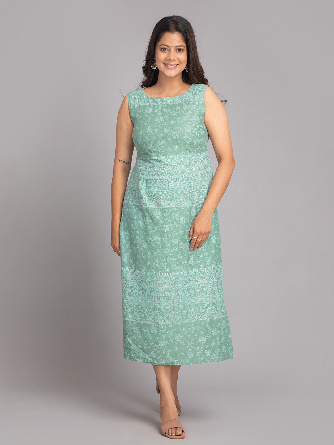 

SUTI Ethnic Motifs Printed A-Line Midi Dress, Green