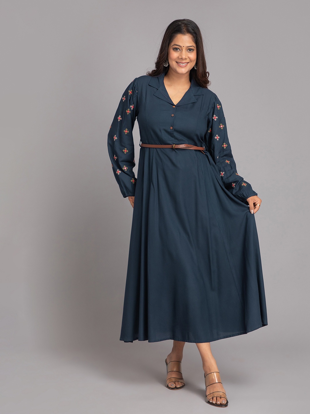 

SUTI Shirt Collar A-Line Midi Dress, Blue