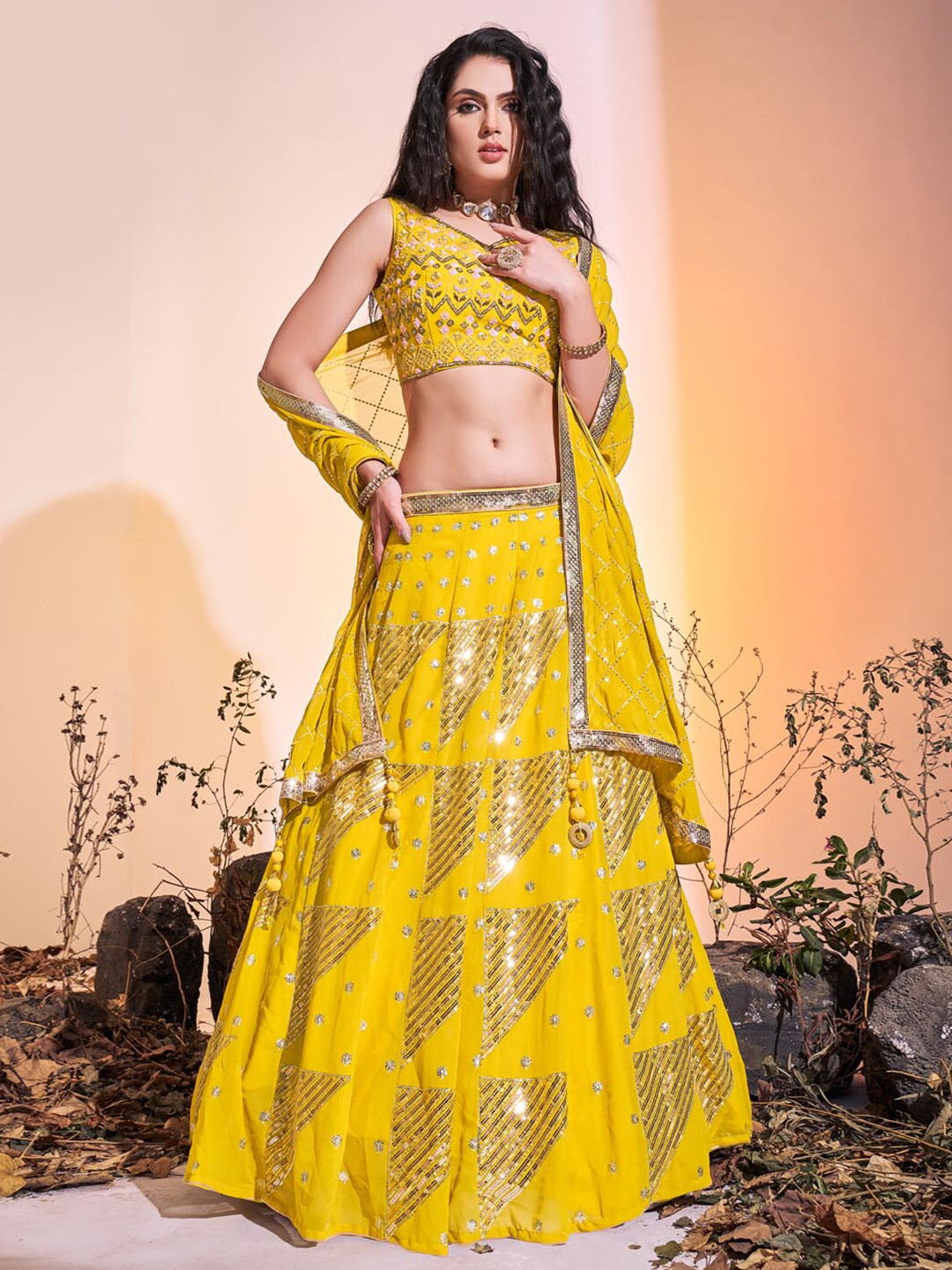 

Fusionic Yellow & Gold-Toned Embroidered Ready to Wear Lehenga & Blouse With Dupatta