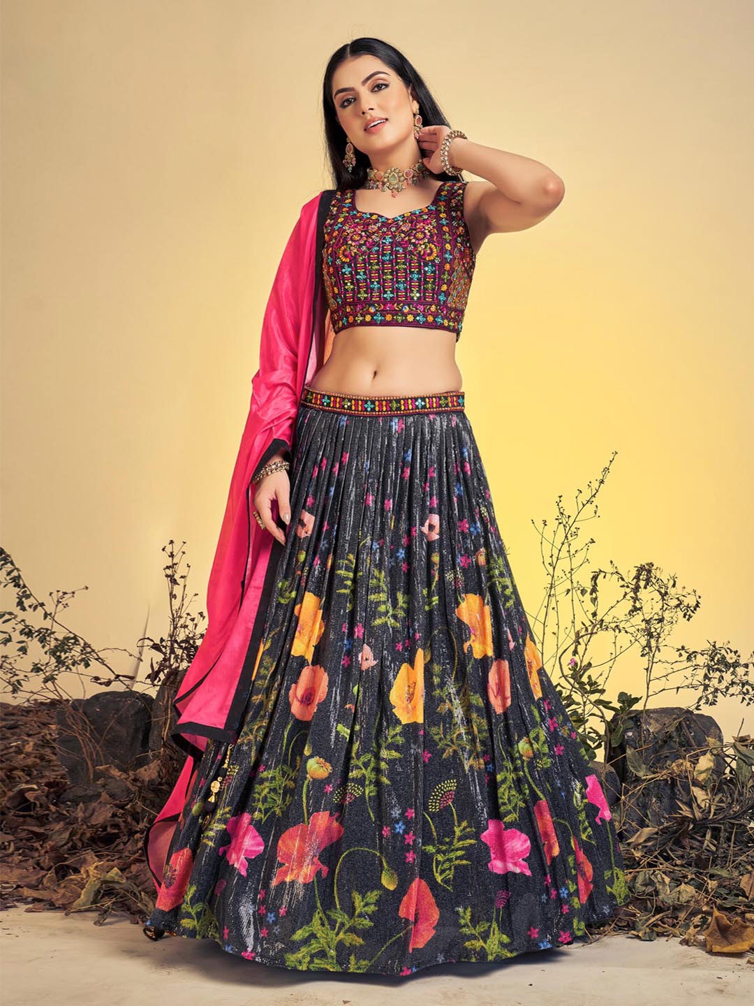 

Fusionic Floral Embroidered Ready to Wear Lehenga & Blouse With Dupatta, Black