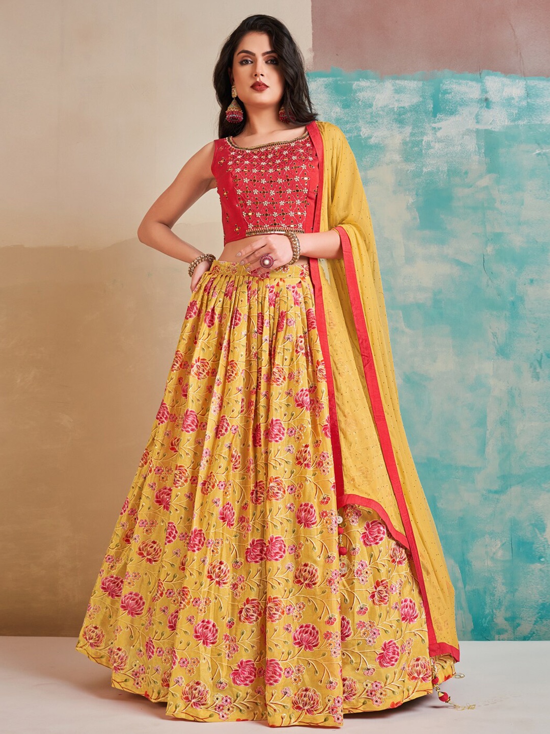 

Fusionic Embroidered Mirror Work Ready to Wear Lehenga & Blouse With Dupatta, Yellow