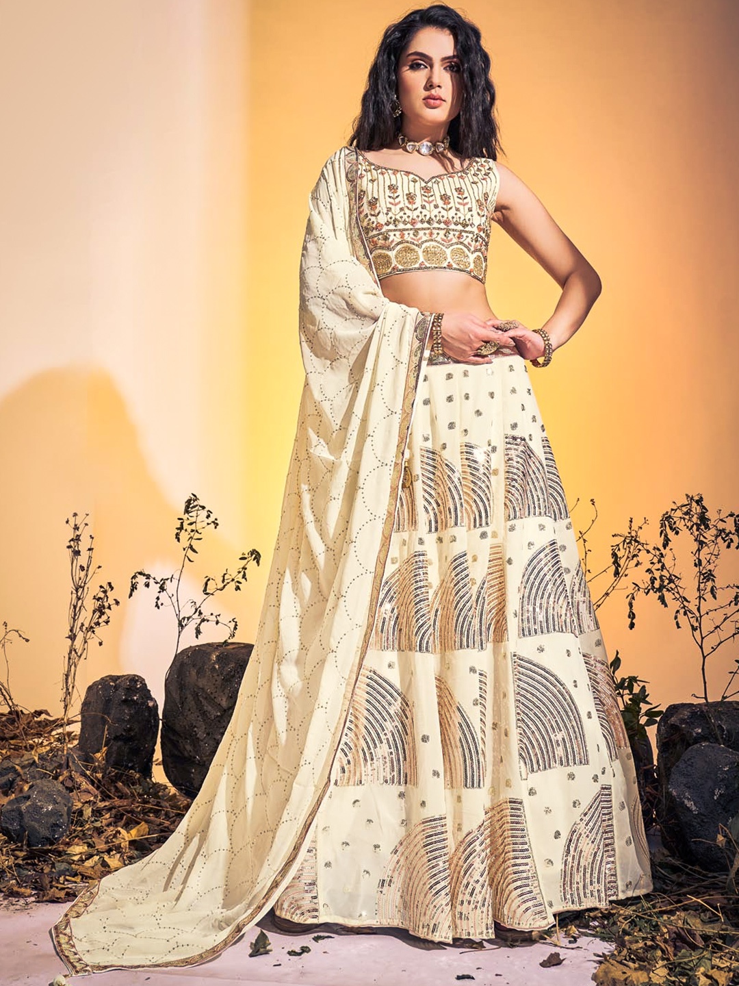 

Fusionic Embroidered Sequinned Ready to Wear Lehenga & Blouse With Dupatta, Off white
