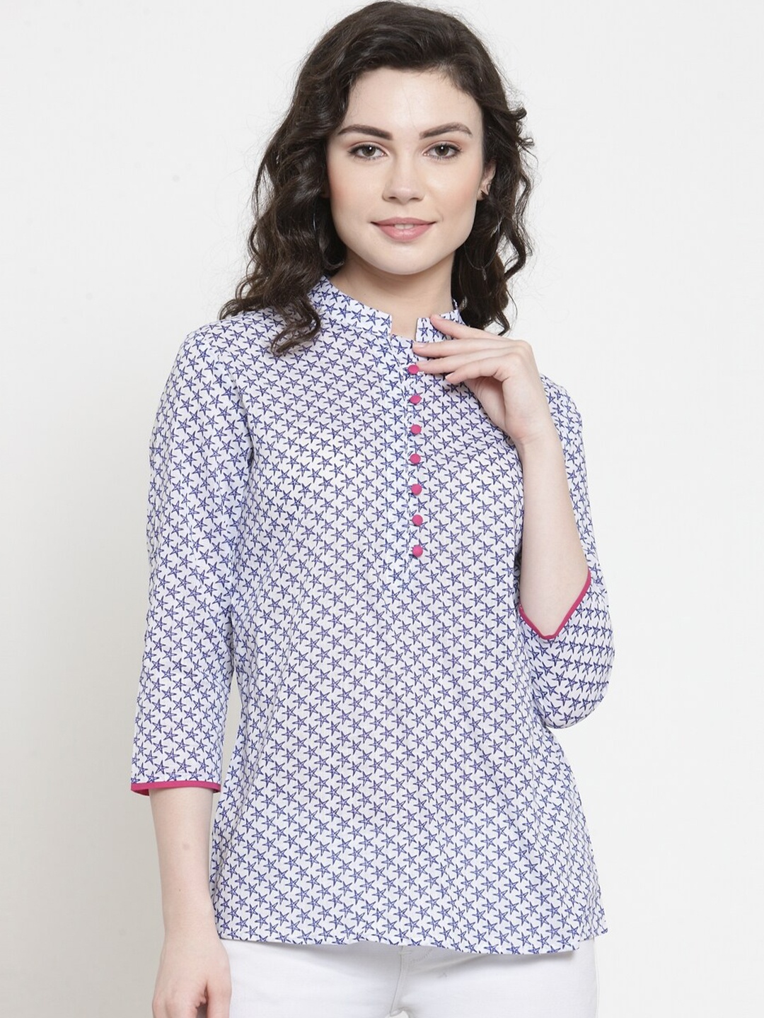

Purple State Geometric Printed Mandarin Collar Cotton Shirt Style Top, White
