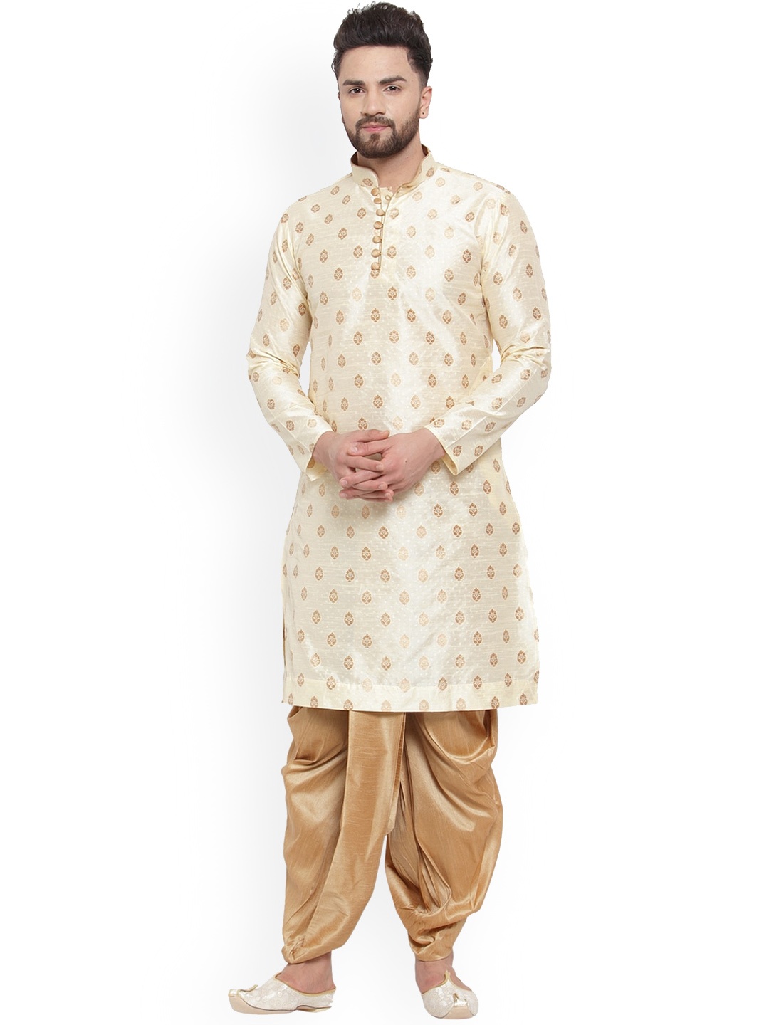 

Sydney Heights Ethnic Motifs Woven Design Mandarin Collar Kurta with Dhoti Pants, Beige