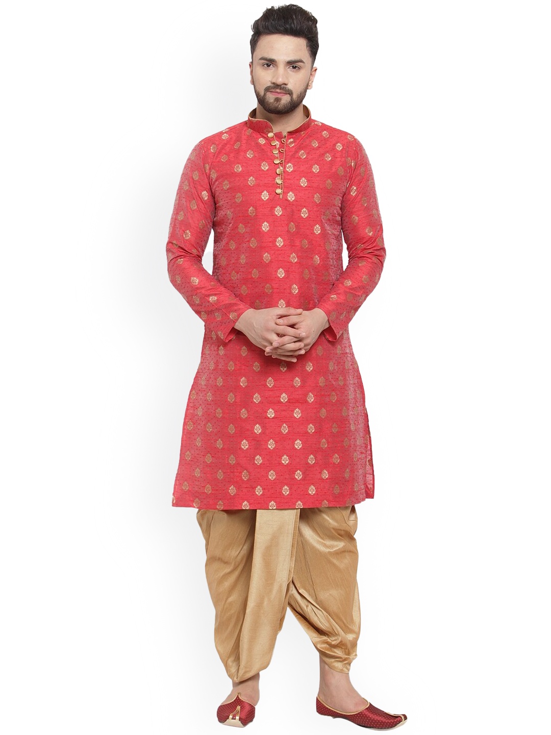 

Sydney Heights Ethnic Motifs Woven Design Mandarin Collar Kurta with Dhoti Pants, Maroon