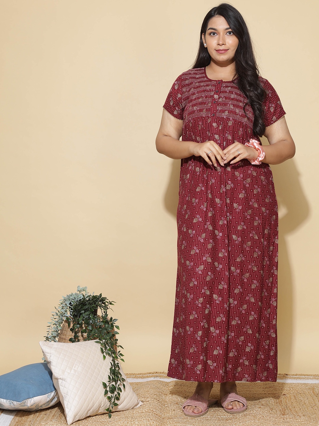 

9shines Label Floral Printed Maxi Nightdress, Maroon