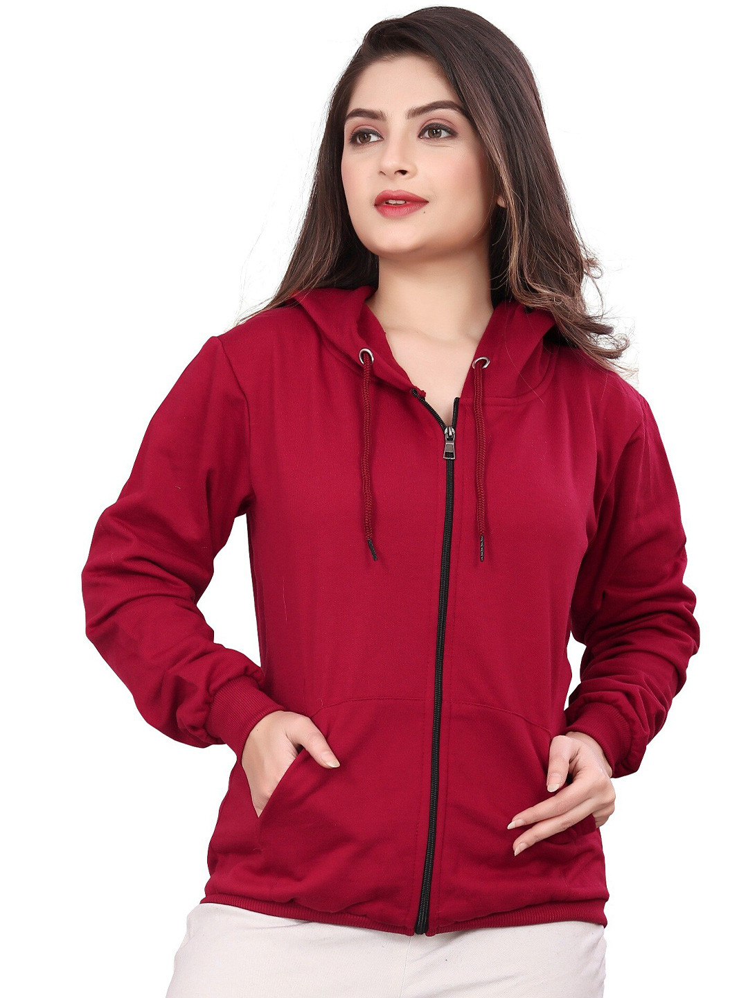 

Divra Clothing Hooded Fleece Front-Open Sweatshirt, Maroon