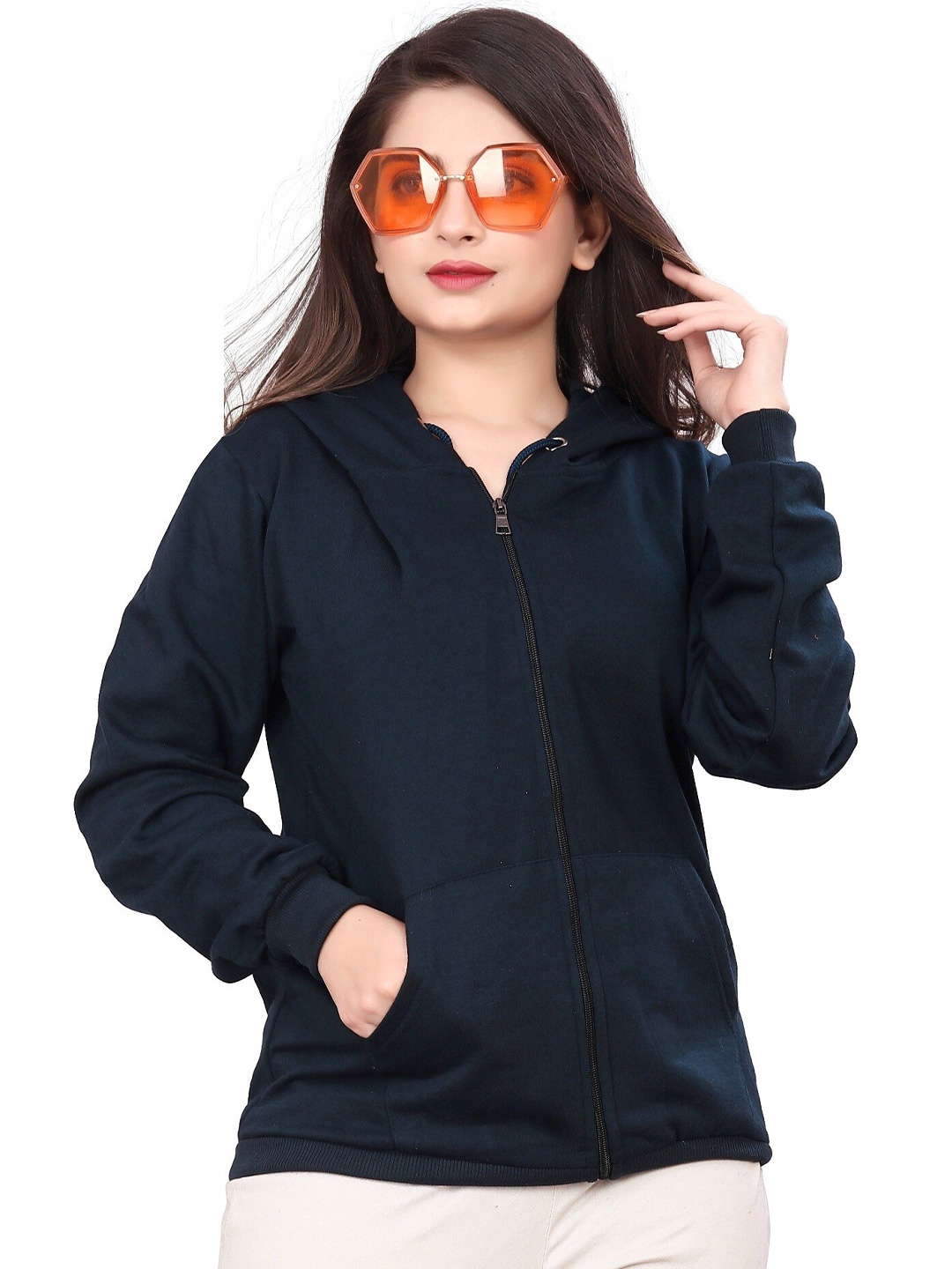 

Divra Clothing Hooded Fleece Front-Open Sweatshirt, Navy blue