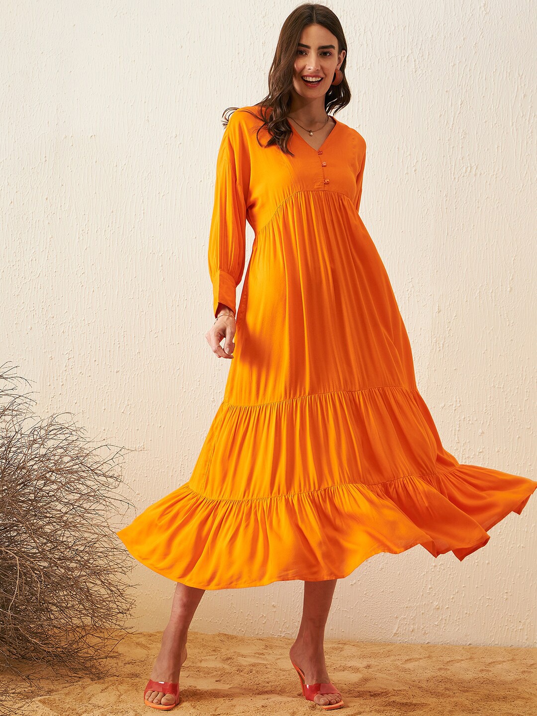 

Marie Claire V-Neck Puff Sleeve Empire Tiered Midi Dress, Orange