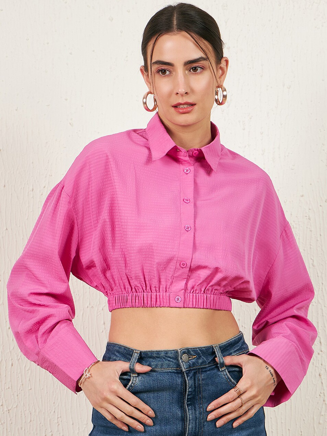 

Marie Claire Self Designed Extended Sleeves Shirt Style Crop Top, Pink