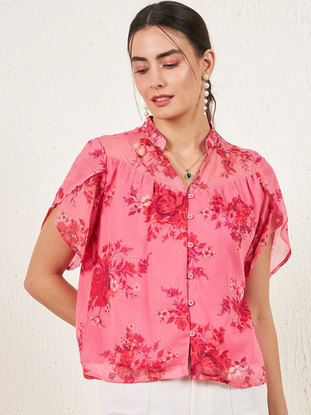 

Marie Claire Floral Printed Mandarin Collar Shirt Style Top, Pink