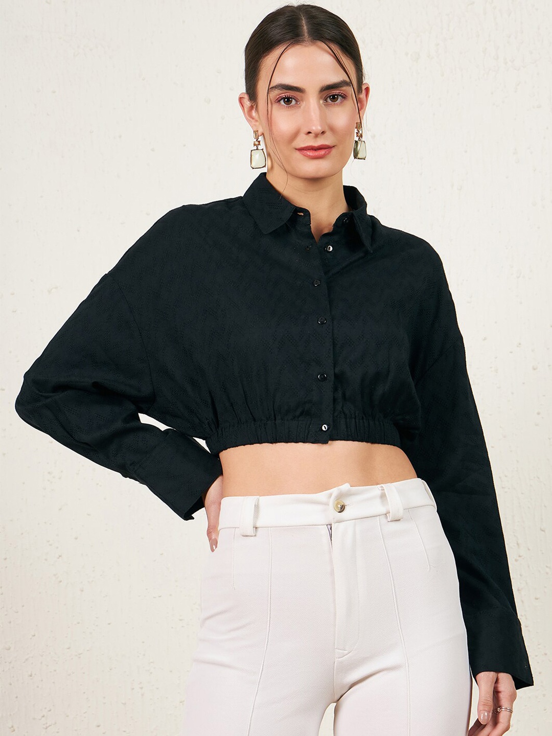 

Marie Claire Self Designed Extended Sleeves Shirt Style Crop Top, Black